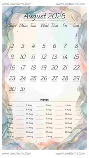 August 2026 Calendar Template 3 Watercolor Theme 273 Design Template