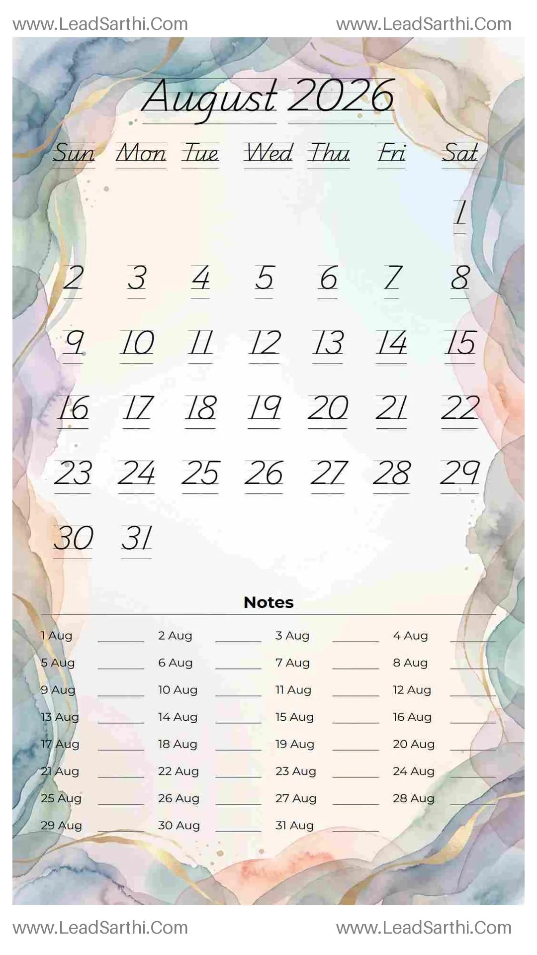 Printable August 2026 Calendar Template 3 Watercolor Theme 273 Thumbnail