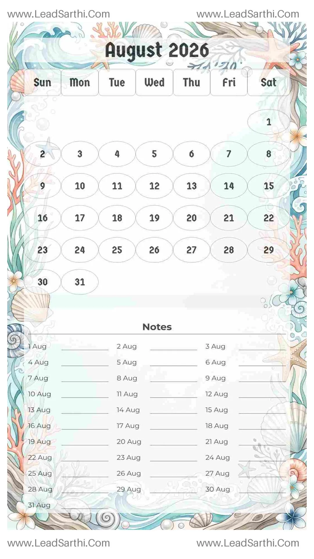 Printable August 2026 Calendar Template 9 Ocean Theme 232 Thumbnail