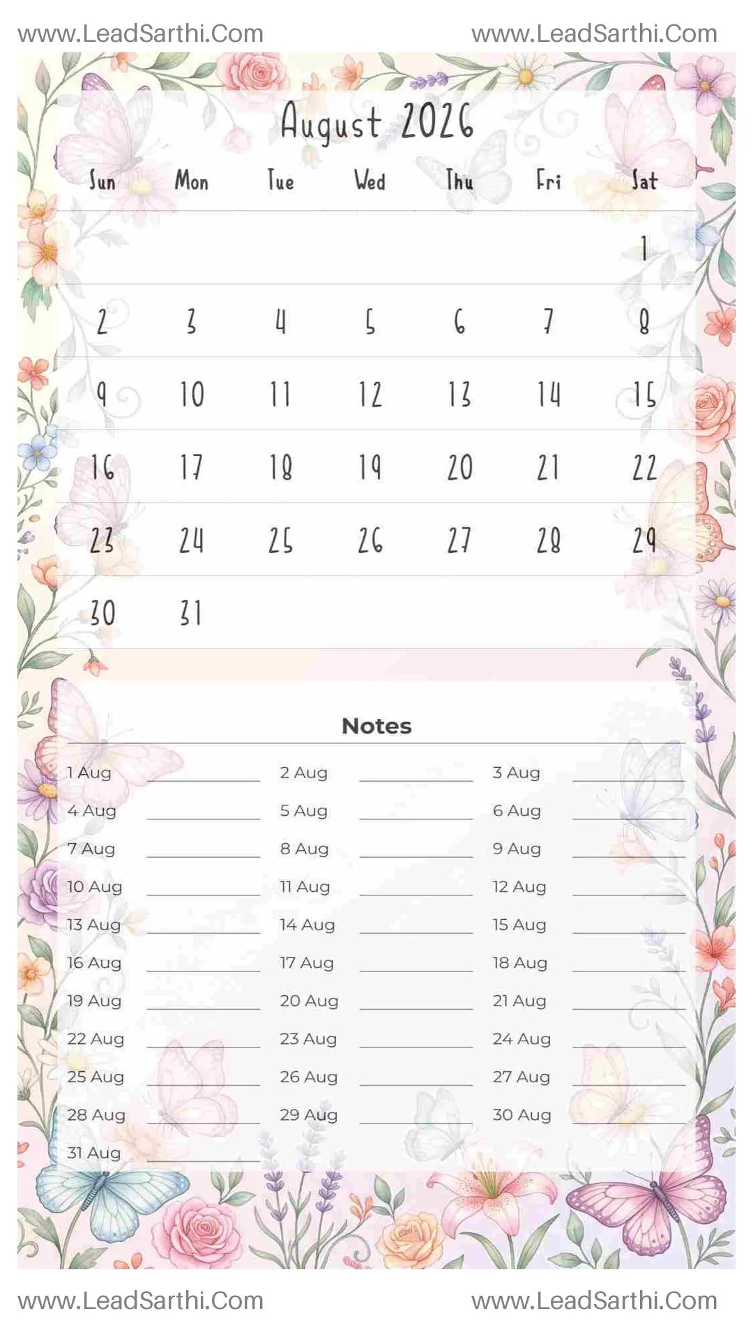 Printable August 2026 Calendar Template 13 Butterfly Theme 213 Thumbnail