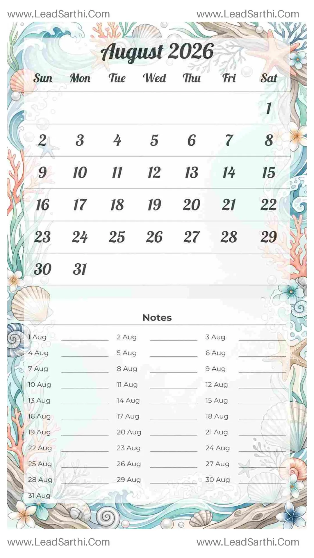 Printable August 2026 Calendar Template 19 Ocean Theme 44 Thumbnail