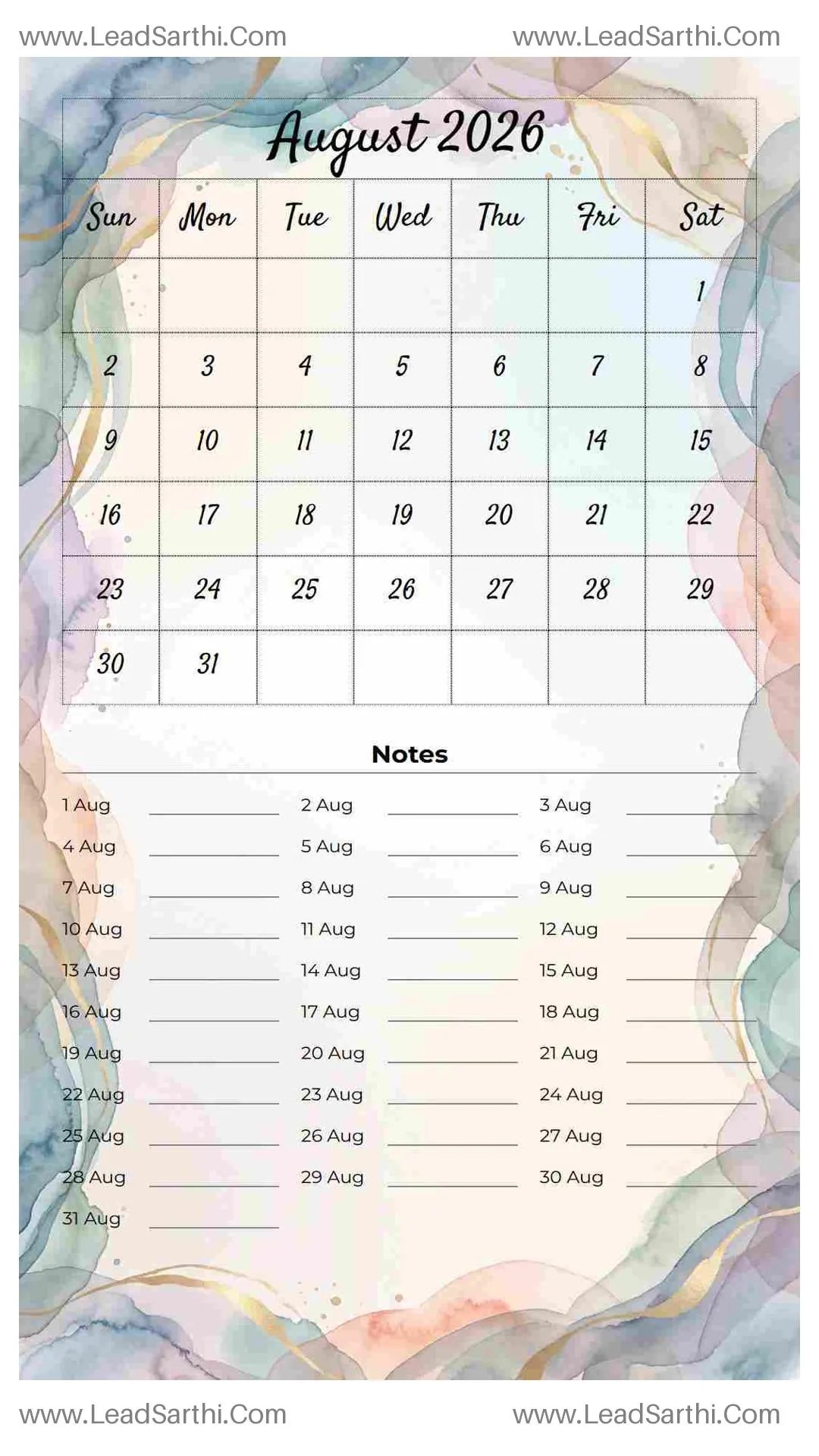 Printable August 2026 Calendar Template 22 Watercolor Theme 185 Thumbnail