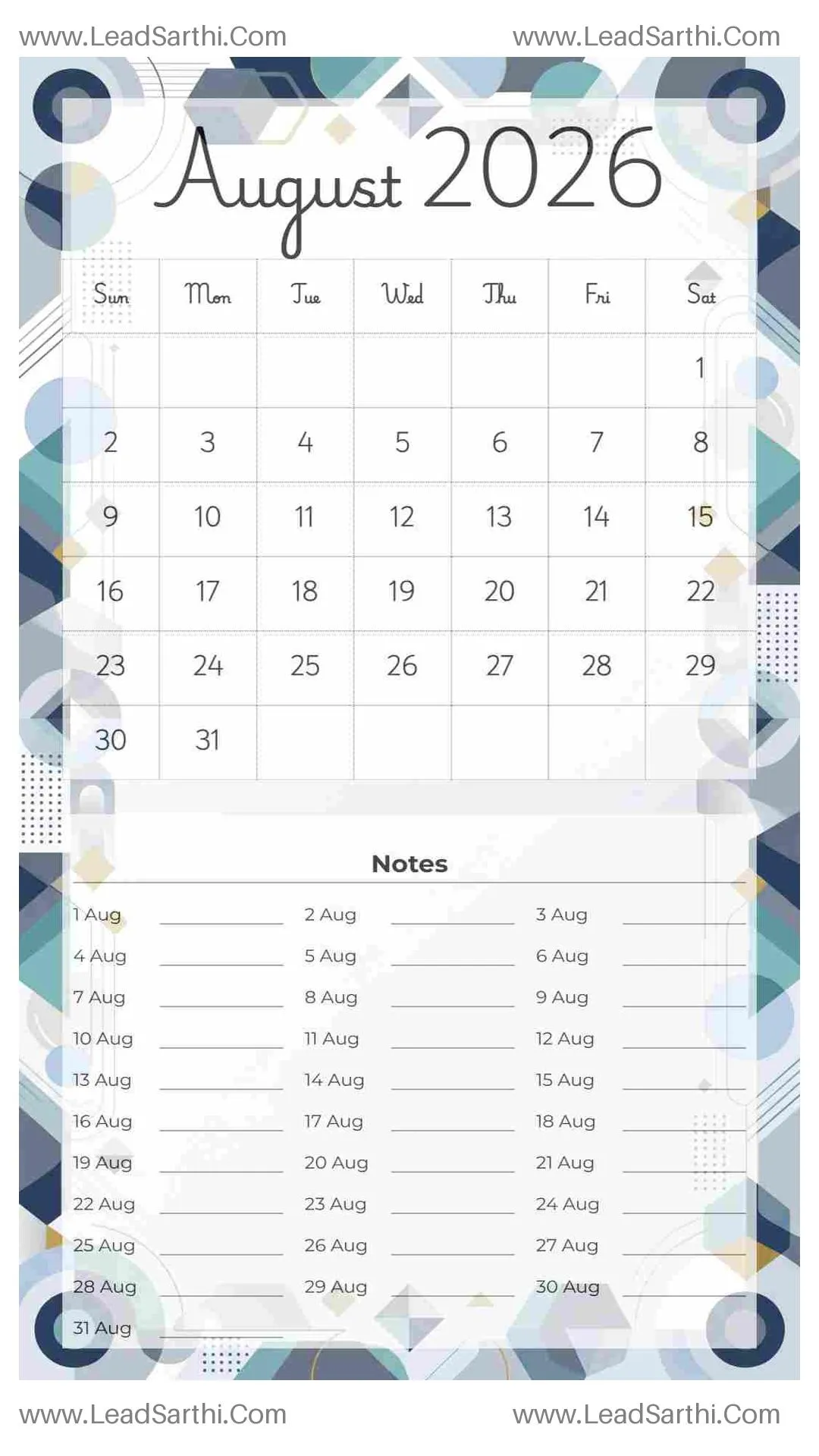Printable August 2026 Calendar Template 18 Geometric Theme 142 Thumbnail