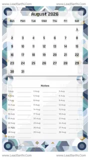 August 2026 Calendar Template 4 Geometric Theme 111 Design Template