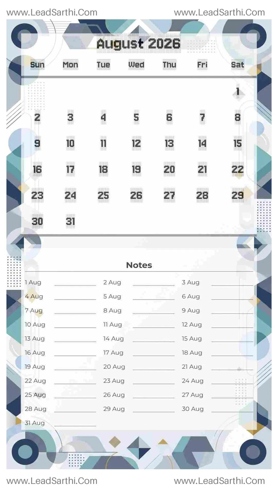 Printable August 2026 Calendar Template 4 Geometric Theme 111 Thumbnail