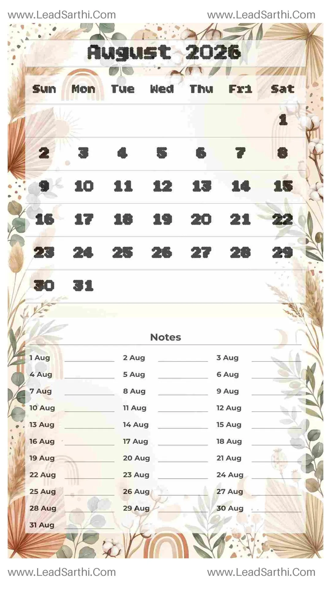 Printable August 2026 Calendar Template 7 Botonical Theme 249 Thumbnail