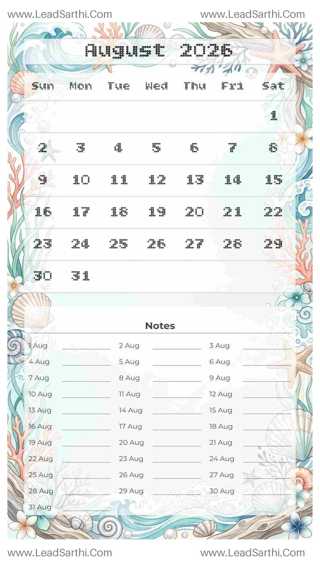 Printable August 2026 Calendar Template 7 Ocean Theme 235 Thumbnail