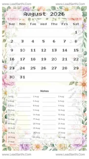 August 2026 Calendar Template 7 Floral Theme 251 Design Template