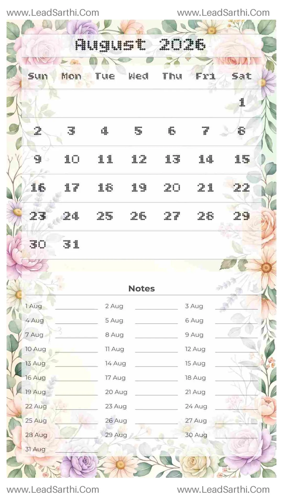 Printable August 2026 Calendar Template 7 Floral Theme 251 Thumbnail