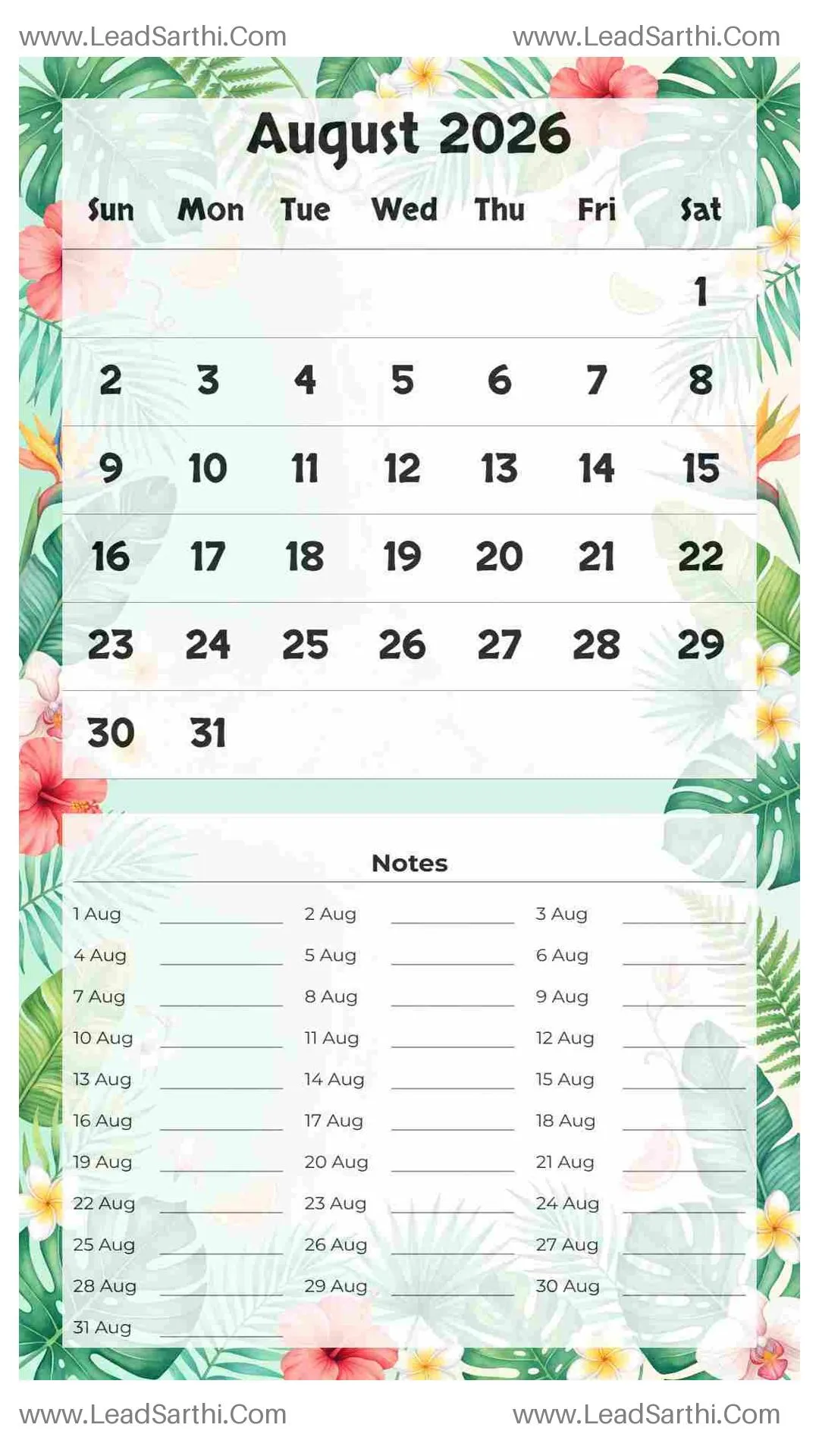 Printable August 2026 Calendar Template 20 Summer Theme 145 Thumbnail