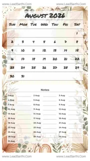 August 2026 Calendar Template 24 Botonical Theme 260 Design Template