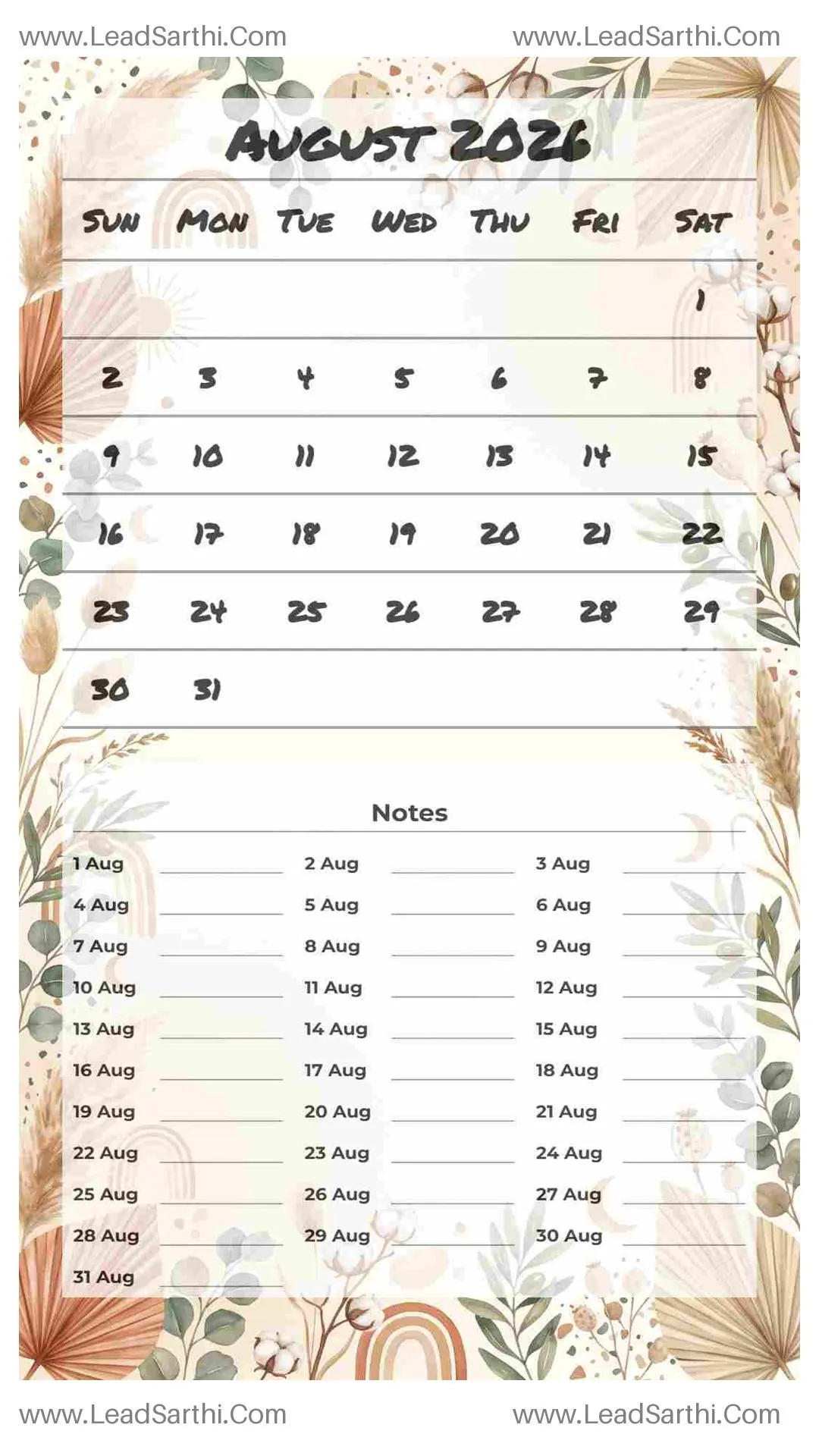Printable August 2026 Calendar Template 24 Botonical Theme 260 Thumbnail