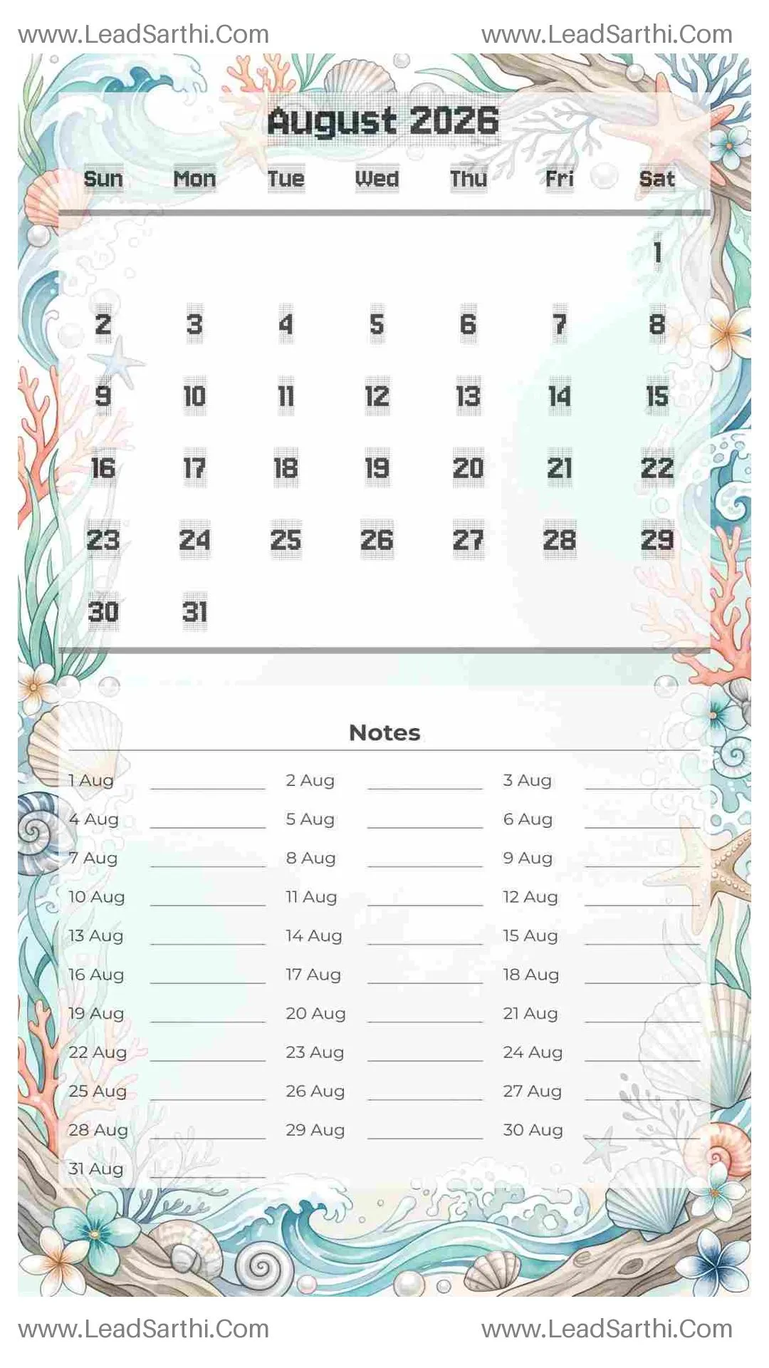 Printable August 2026 Calendar Template 4 Ocean Theme 39 Thumbnail