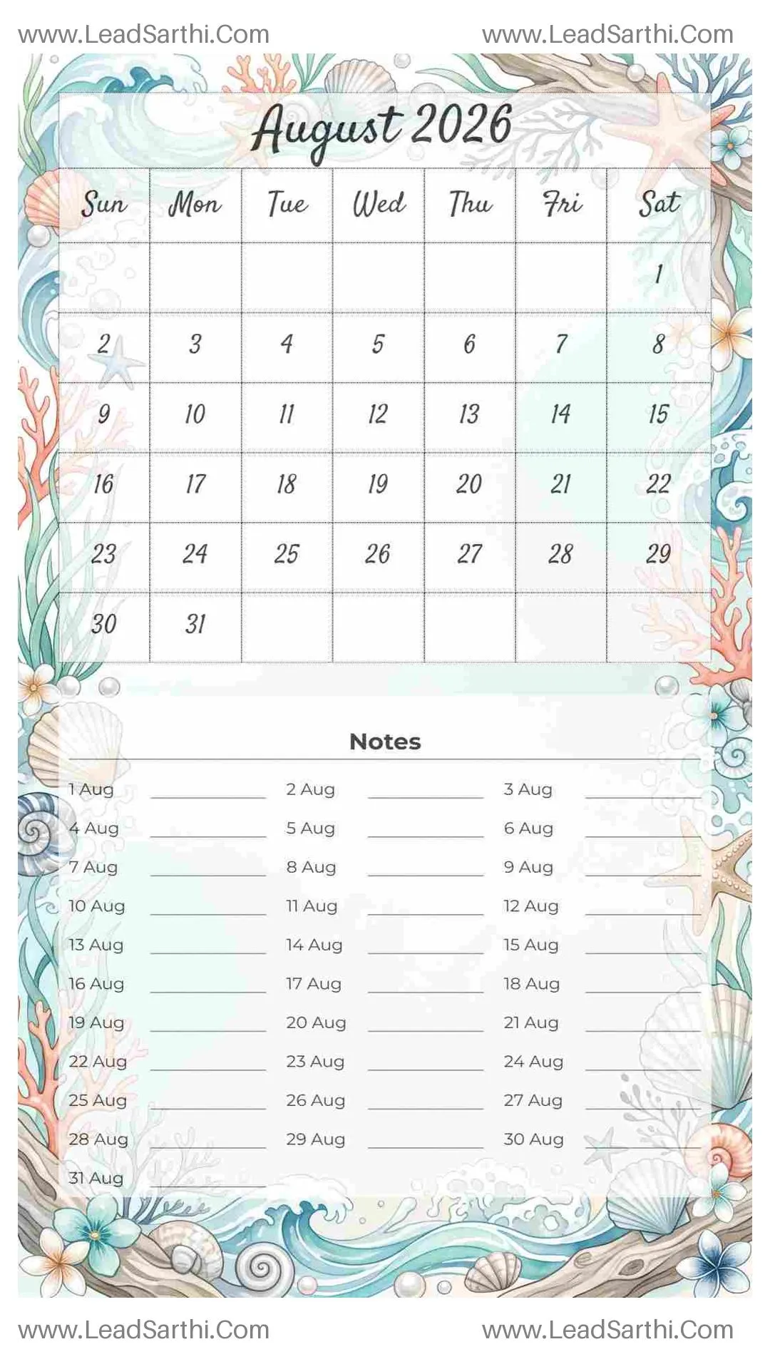 Printable August 2026 Calendar Template 22 Ocean Theme 189 Thumbnail