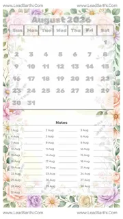 August 2026 Calendar Template 5 Floral Theme 114 Design Template