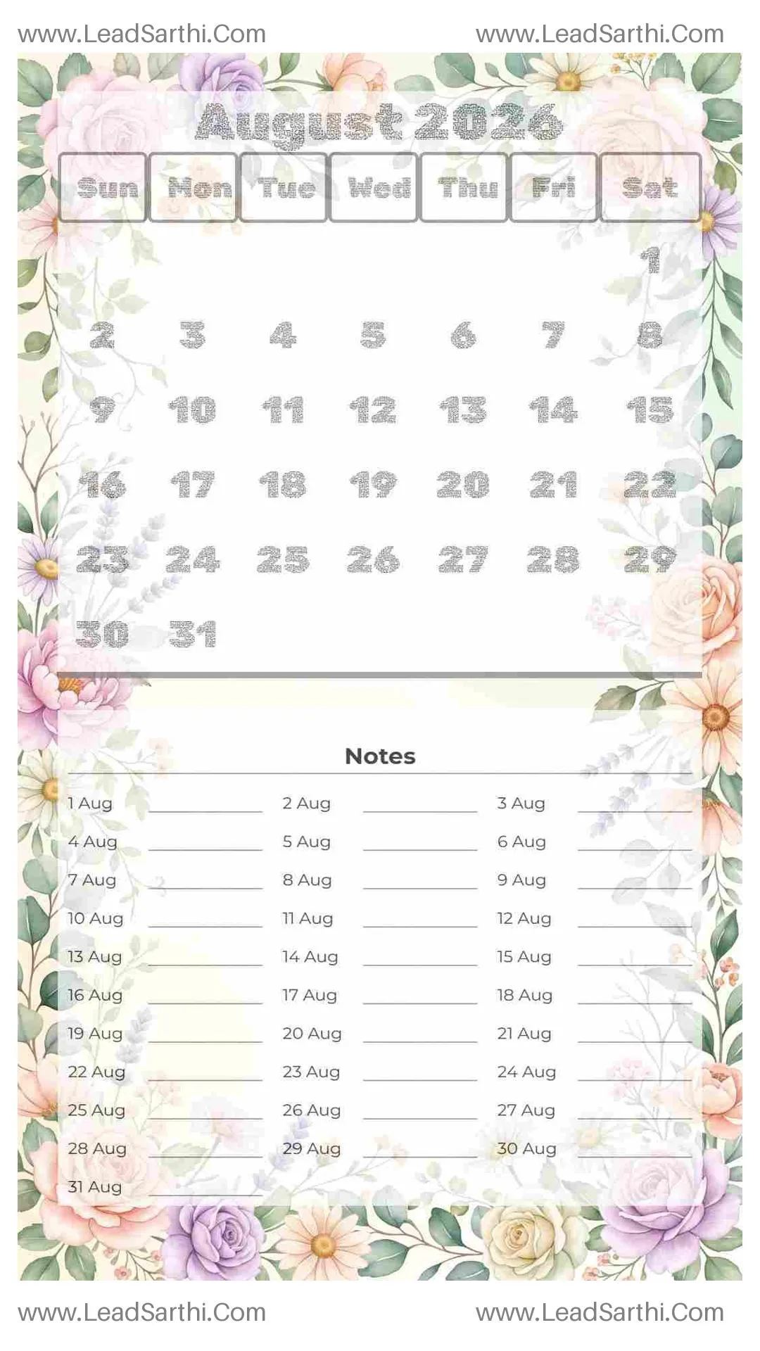 Printable August 2026 Calendar Template 5 Floral Theme 114 Thumbnail