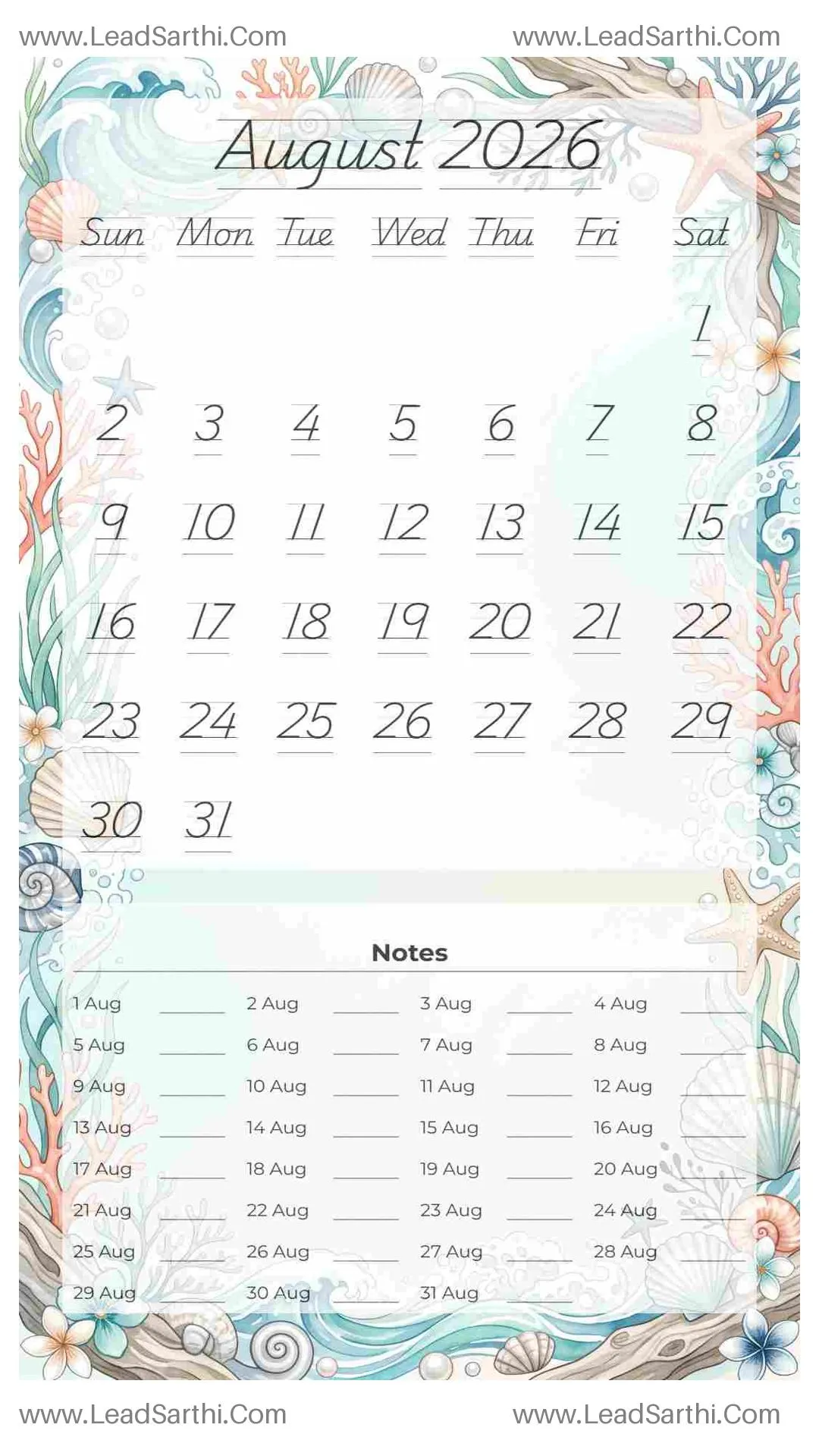 Printable August 2026 Calendar Template 3 Ocean Theme 26 Thumbnail