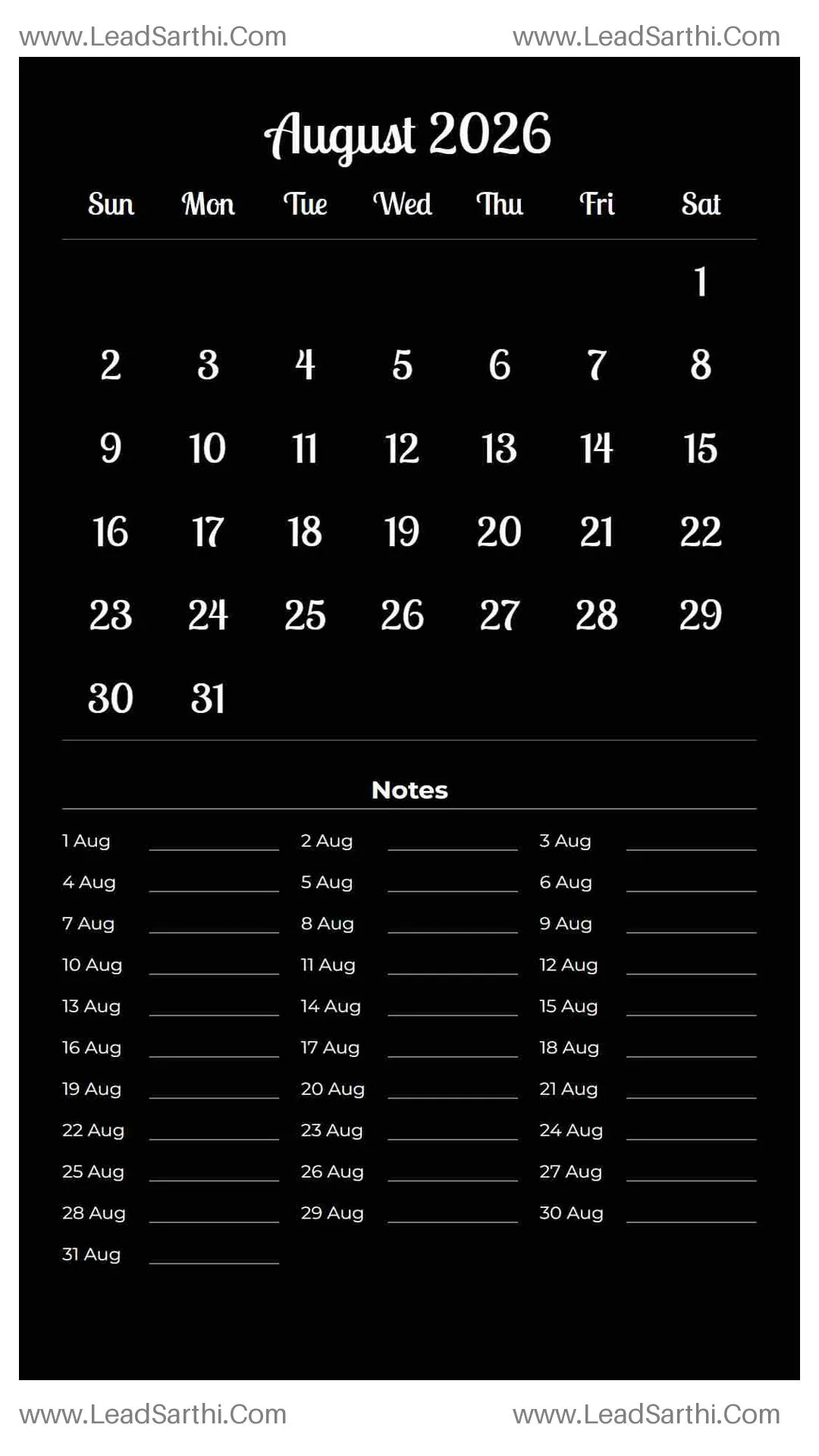 Printable August 2026 Calendar Template 11 Dark Theme 49 Thumbnail