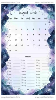 August 2026 Calendar Template 21 Galaxy Theme 96 Design Template