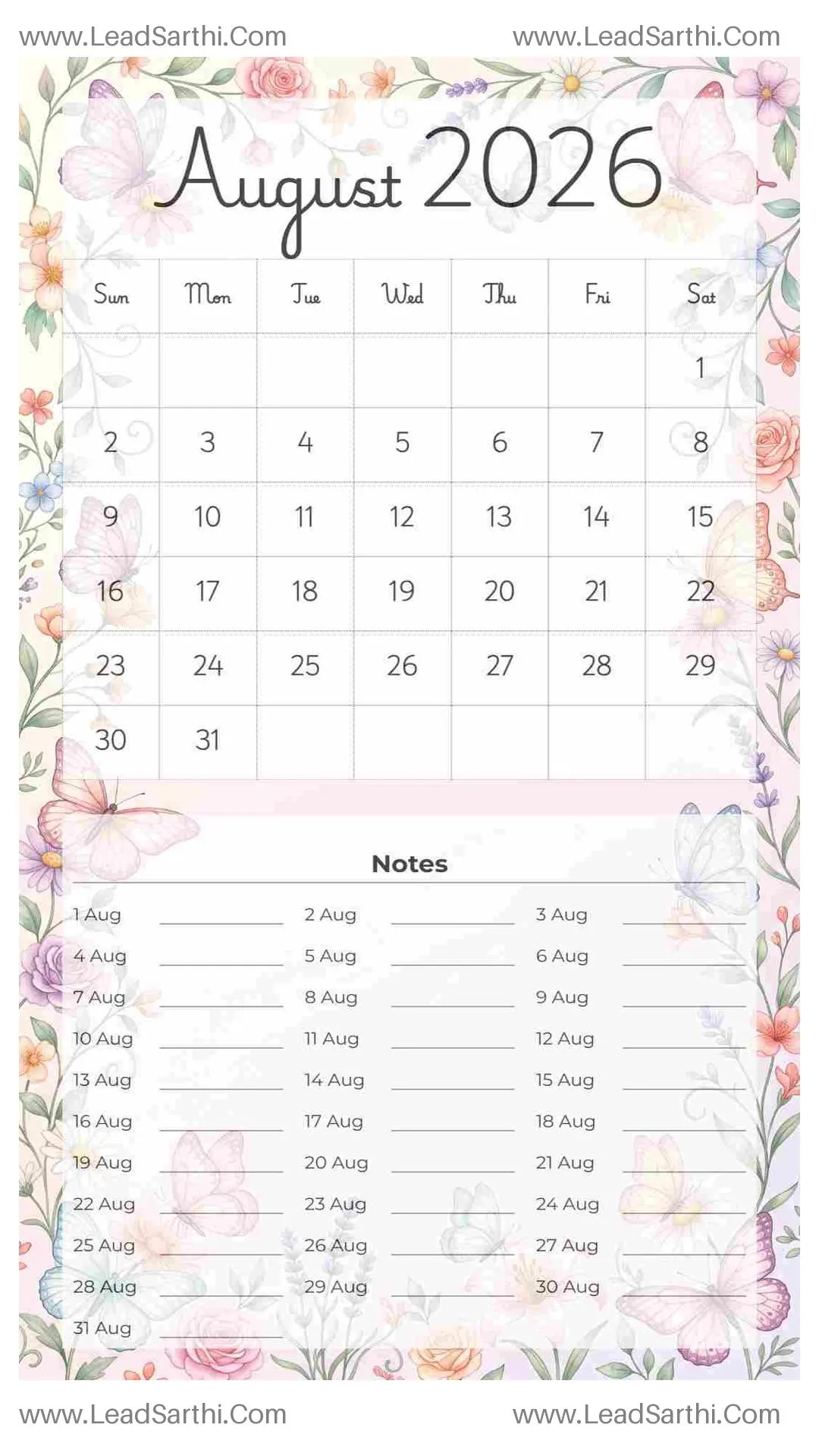 Printable August 2026 Calendar Template 18 Butterfly Theme 36 Thumbnail