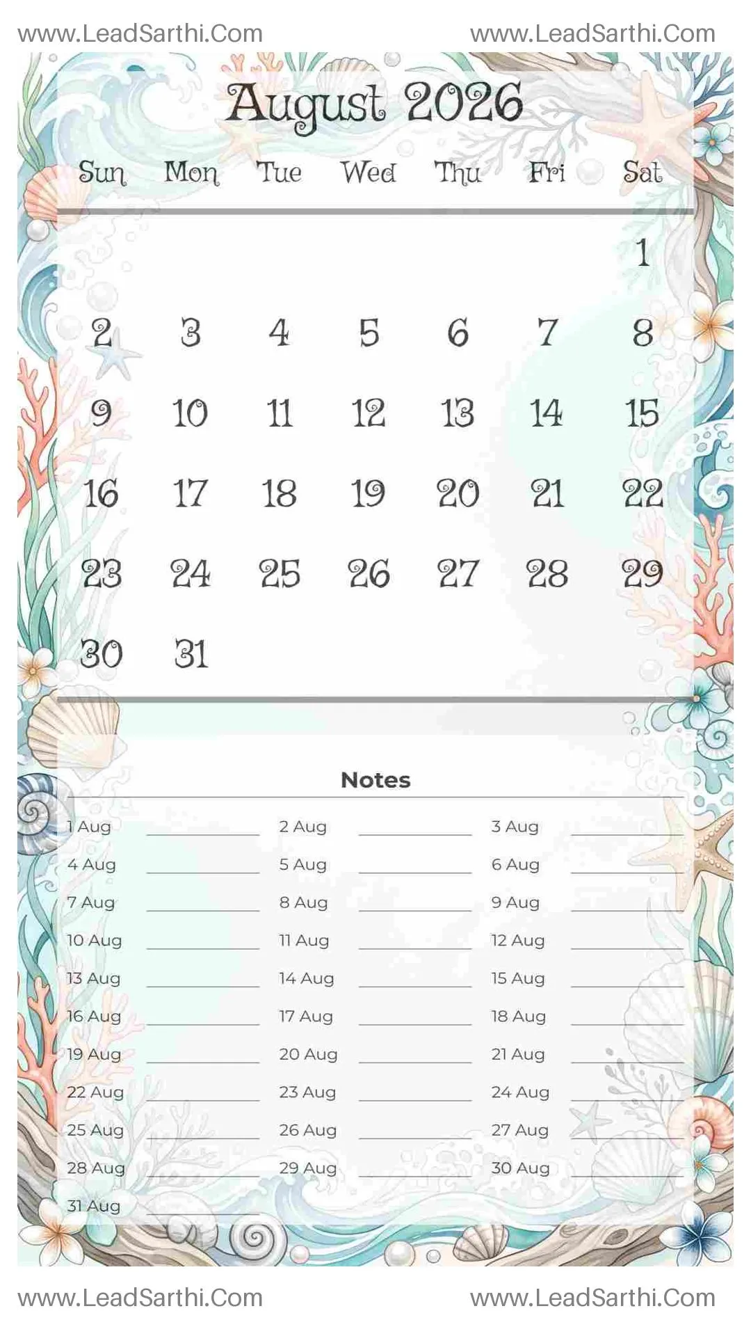Printable August 2026 Calendar Template 2 Ocean Theme 115 Thumbnail