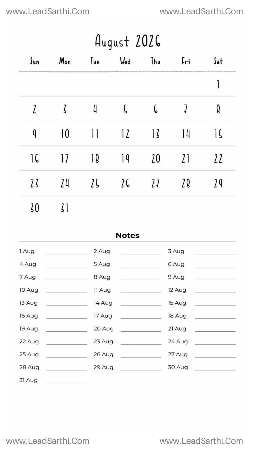 Printable August 2026 Calendar Template 13 White BG 110 Thumbnail