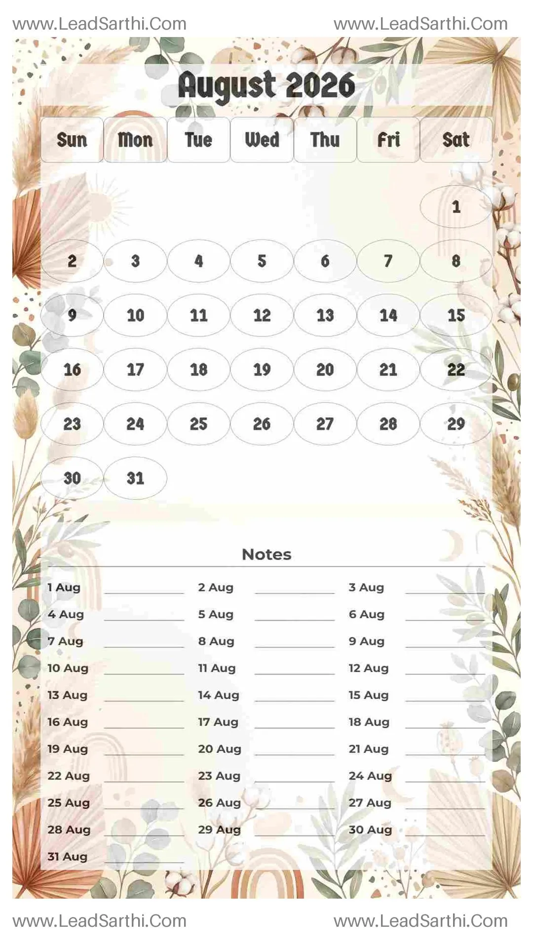 Printable August 2026 Calendar Template 9 Botonical Theme 23 Thumbnail