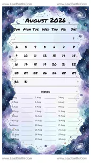 August 2026 Calendar Template 24 Galaxy Theme 94 Design Template