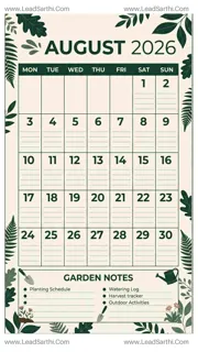 Bold Botanical August 2026 Calendar Printable | Nature-Inspired USA Vertical Planner Design Template