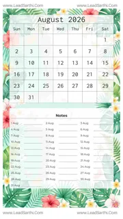August 2026 Calendar Template 8 Summer Theme 209 Design Template