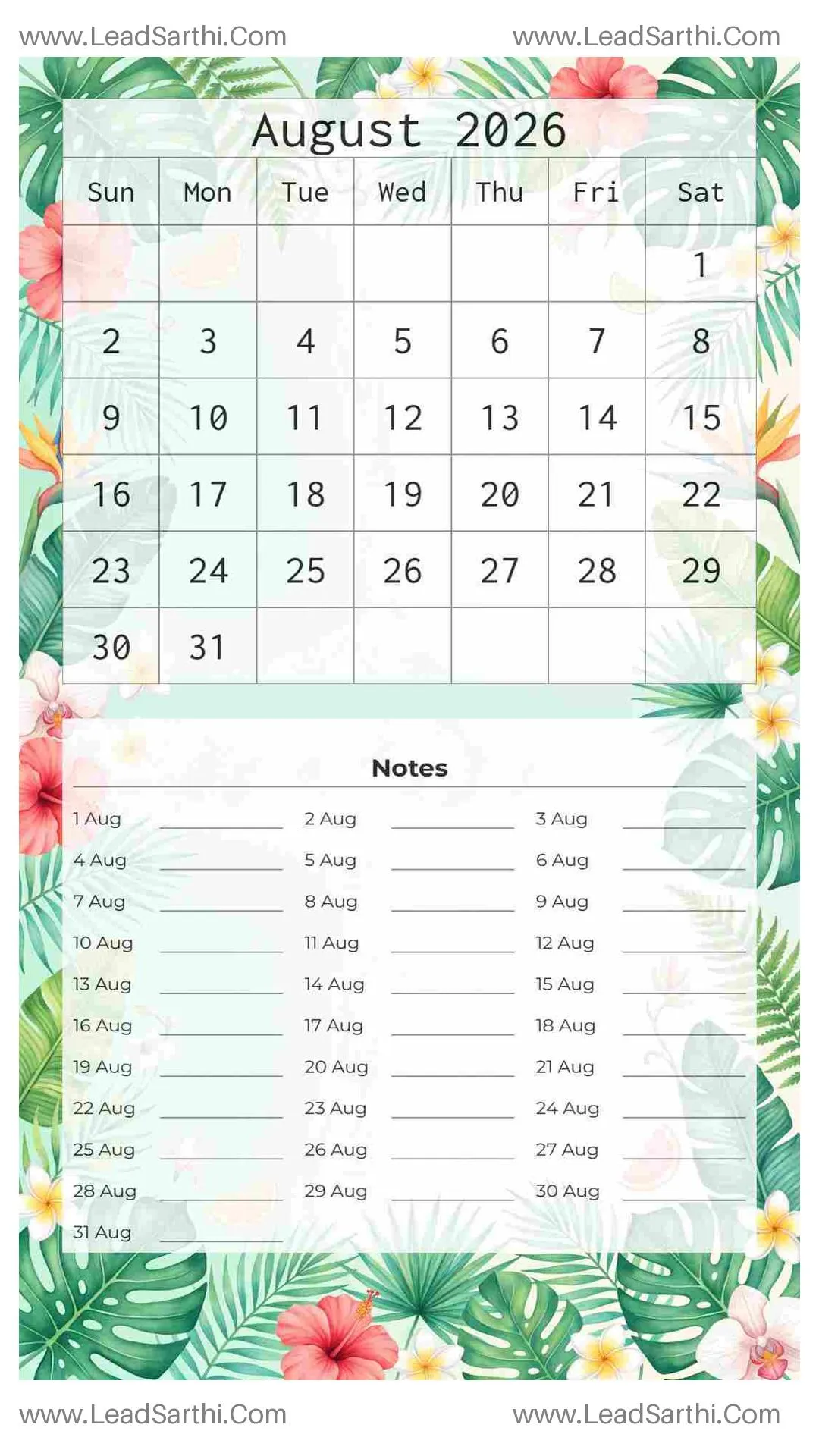 Printable August 2026 Calendar Template 8 Summer Theme 209 Thumbnail
