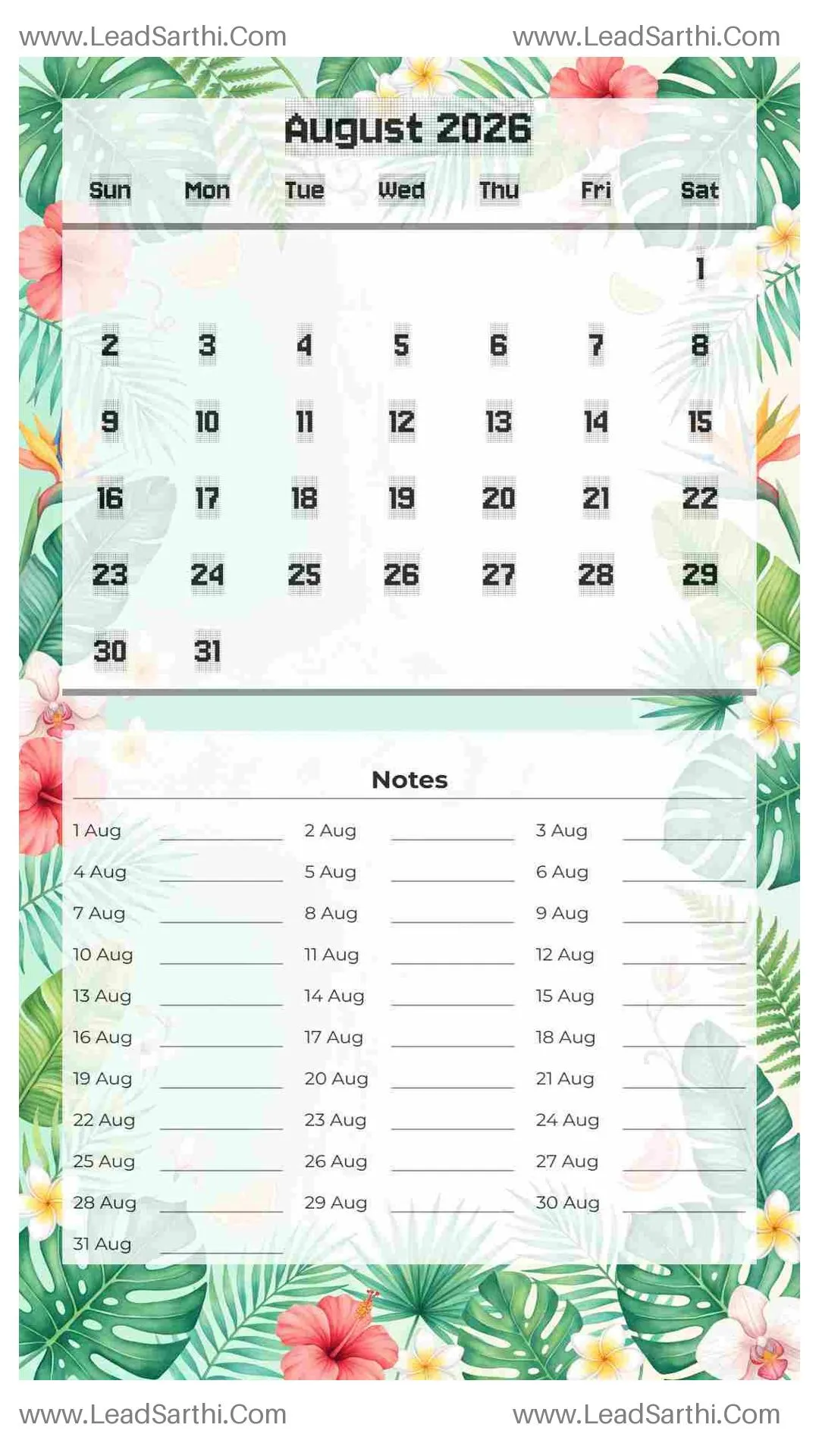 Printable August 2026 Calendar Template 4 Summer Theme 225 Thumbnail
