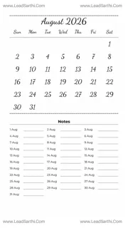 August 2026 Calendar Template 10 White BG 246 Design Template