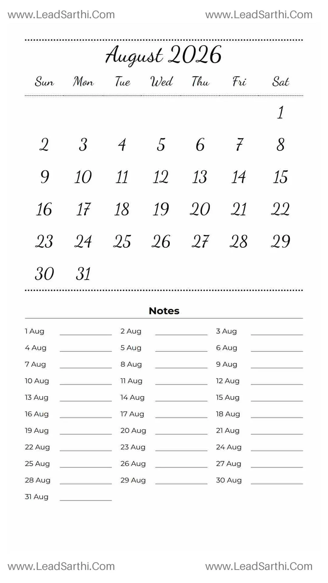 Printable August 2026 Calendar Template 10 White BG 246 Thumbnail