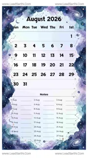 August 2026 Calendar Template 20 Galaxy Theme 126 Design Template