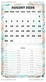 August 2026 Calendar Template 17 Ocean Theme 113 Design Template