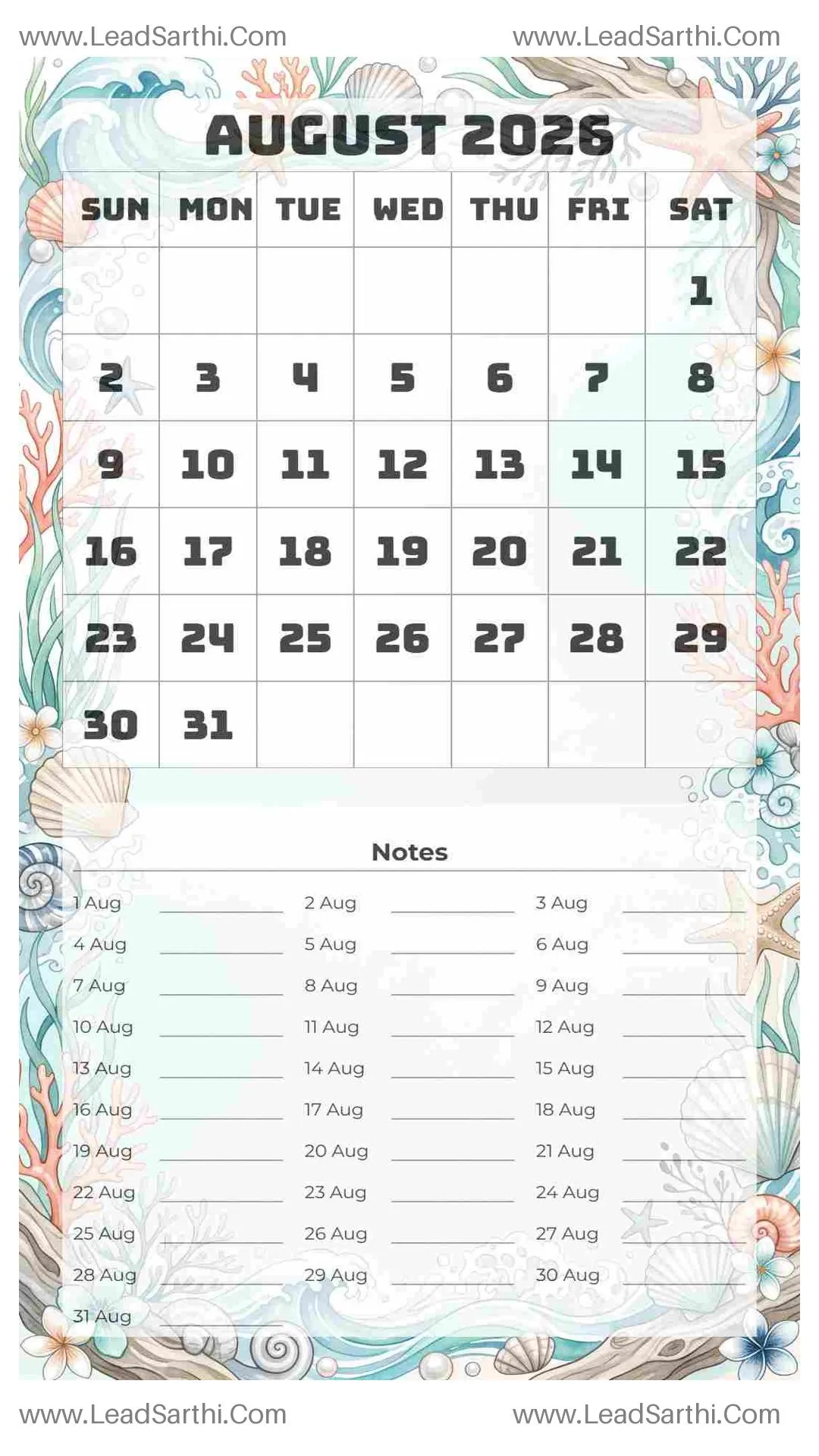 Printable August 2026 Calendar Template 17 Ocean Theme 113 Thumbnail