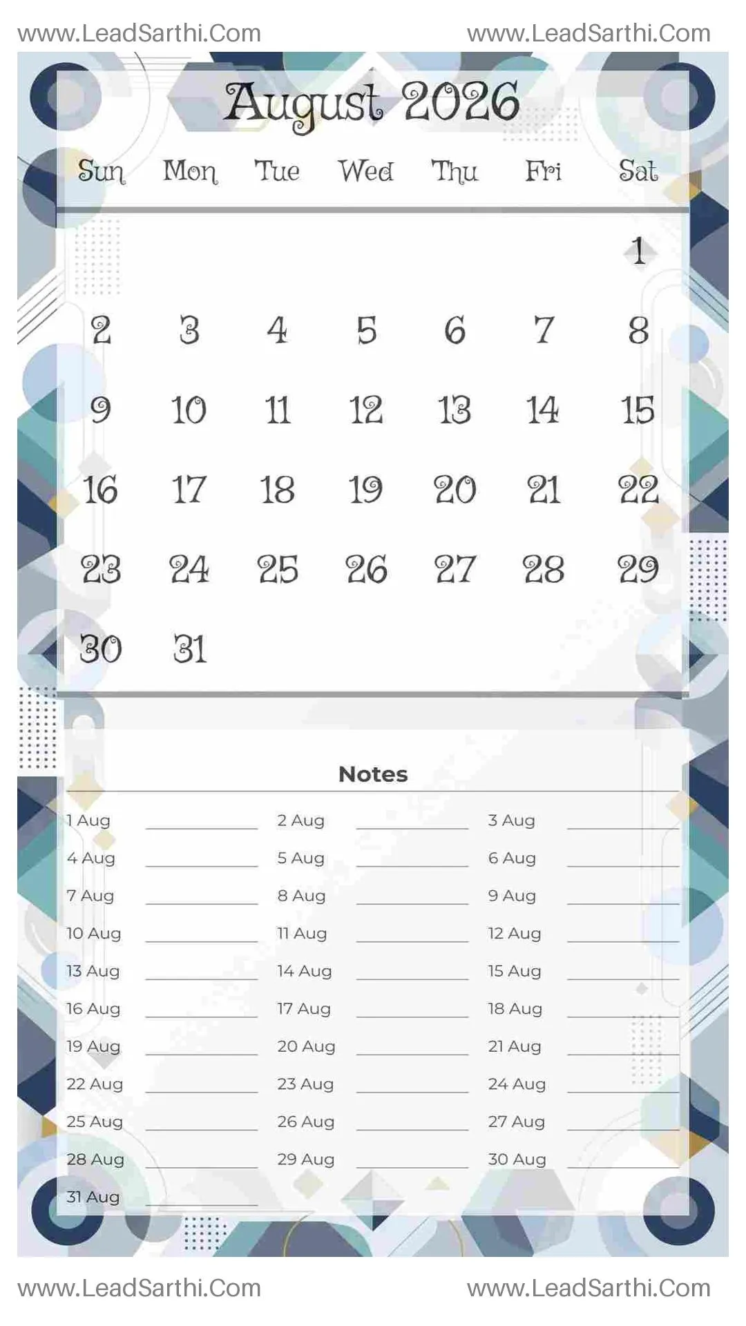 Printable August 2026 Calendar Template 2 Geometric Theme 116 Thumbnail