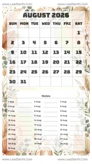August 2026 Calendar Template 17 Botonical Theme 41 Design Template