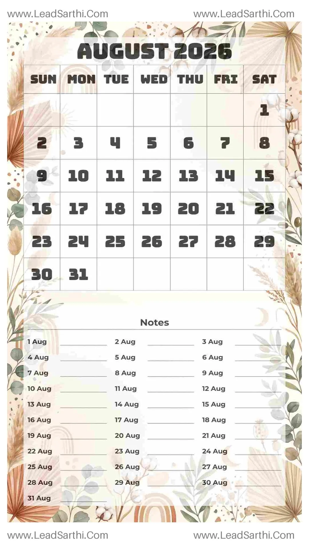 Printable August 2026 Calendar Template 17 Botonical Theme 41 Thumbnail