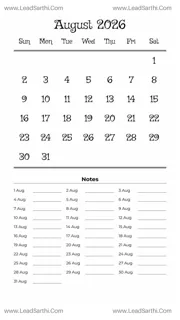 August 2026 Calendar Template 2 White BG 50 Design Template