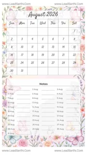 August 2026 Calendar Template 22 Butterfly Theme 25 Design Template