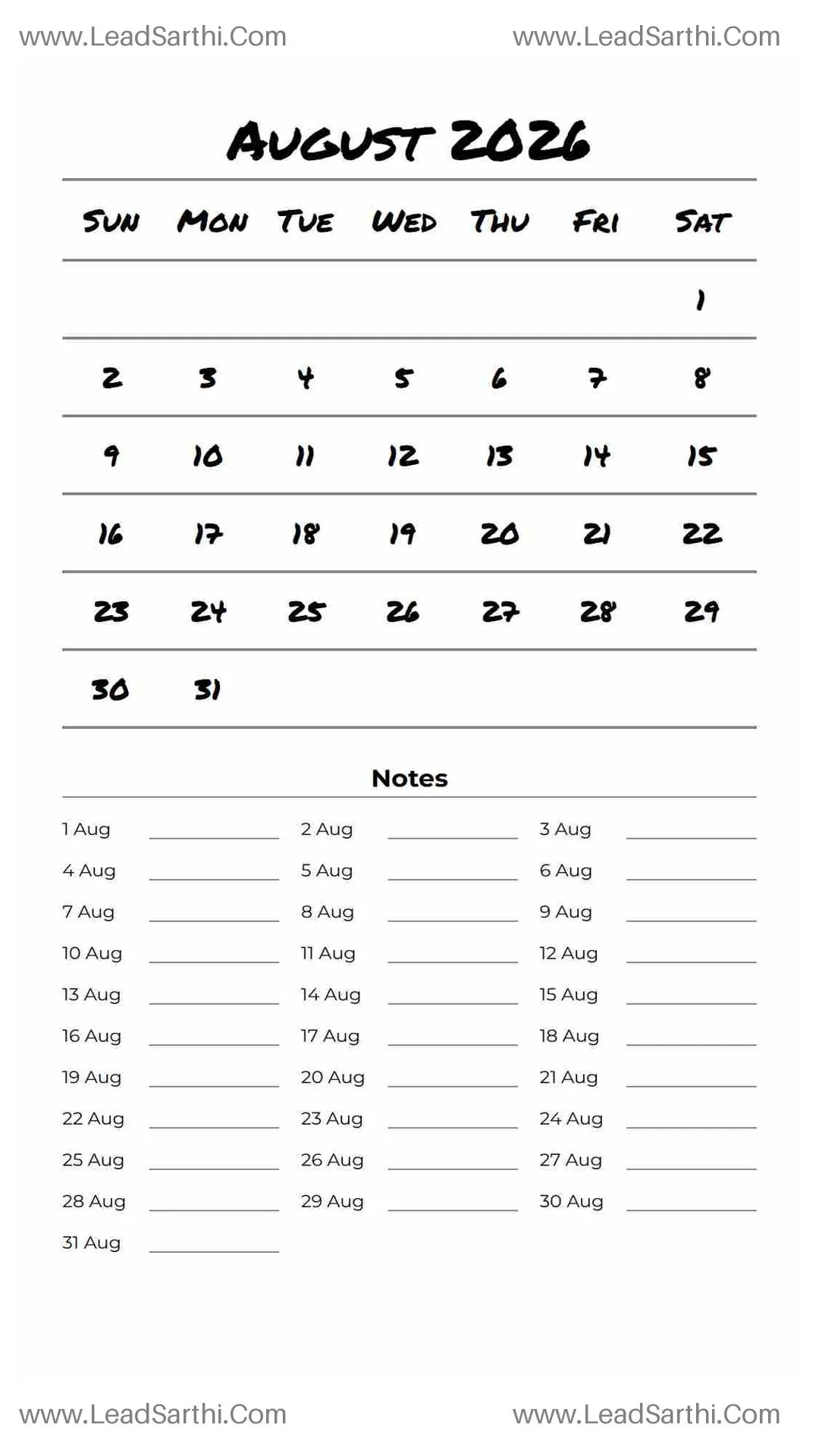 Printable August 2026 Calendar Template 24 White BG 21 Thumbnail