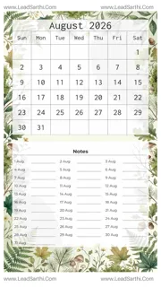 August 2026 Calendar Template 8 Forest Theme 254 Design Template