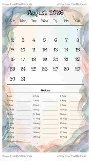 August 2026 Calendar Template 2 Watercolor Theme 18 Design Template