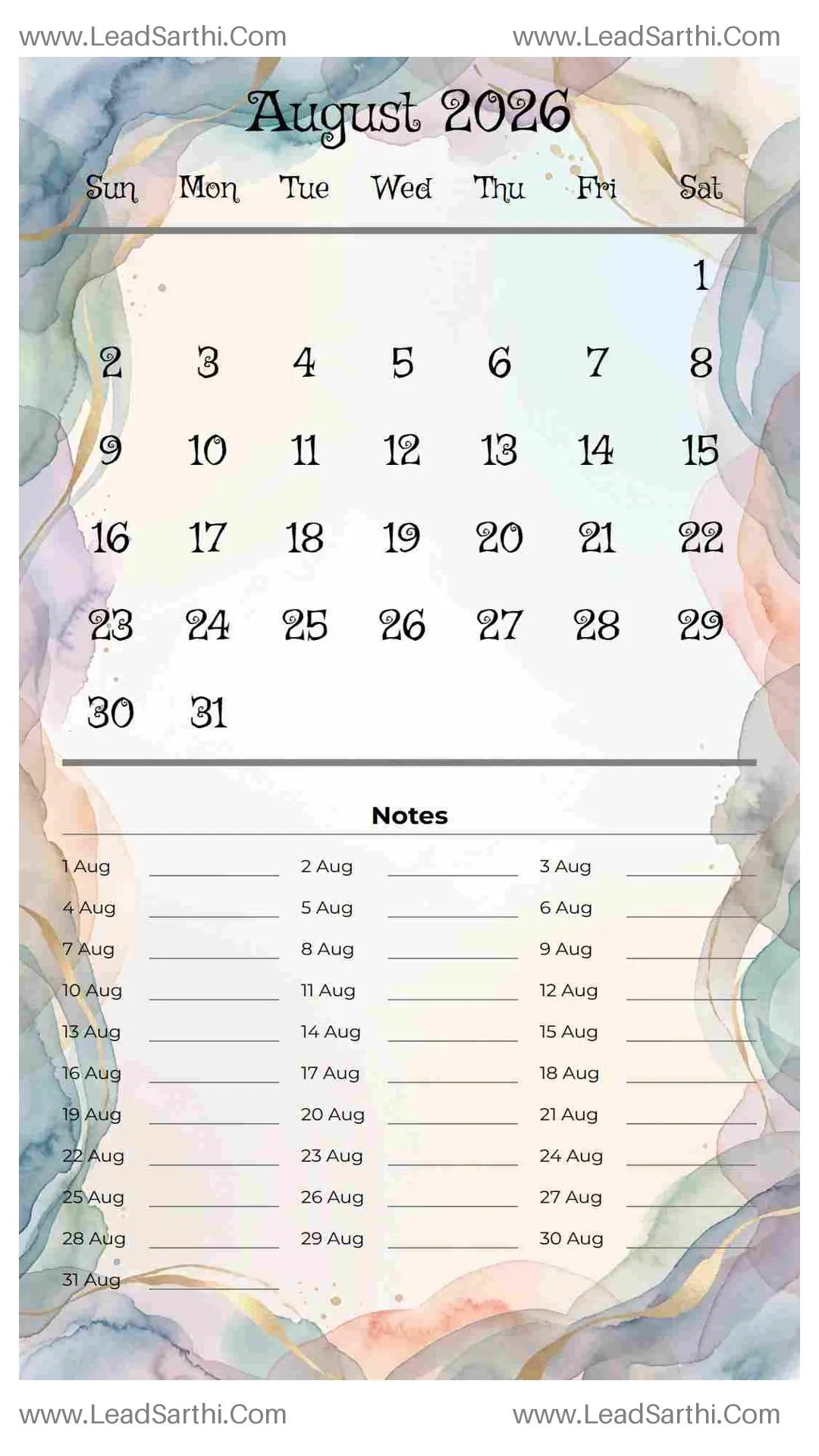 Printable August 2026 Calendar Template 2 Watercolor Theme 18 Thumbnail