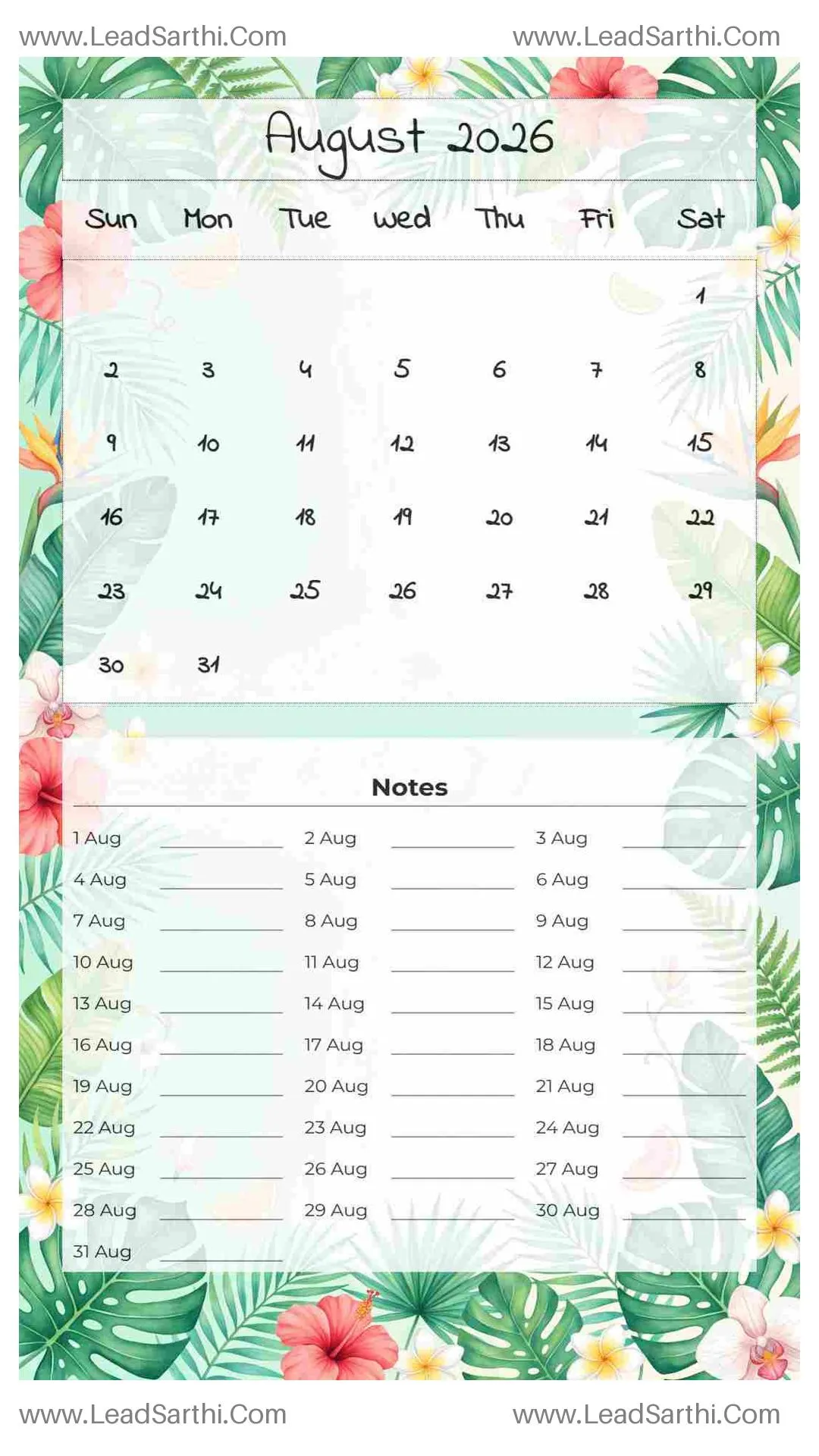 Printable August 2026 Calendar Template 23 Summer Theme 4 Thumbnail