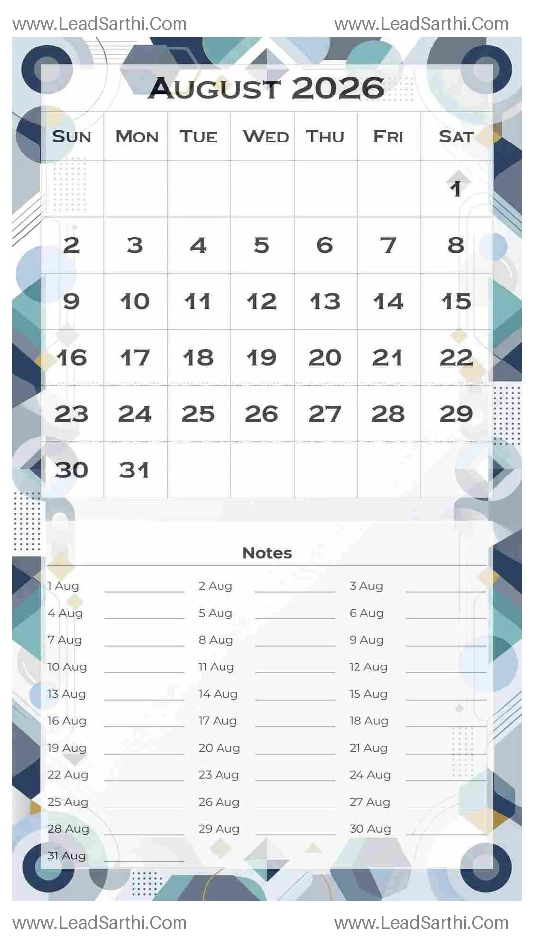 Printable August 2026 Calendar Template 14 Geometric Theme 177 Thumbnail