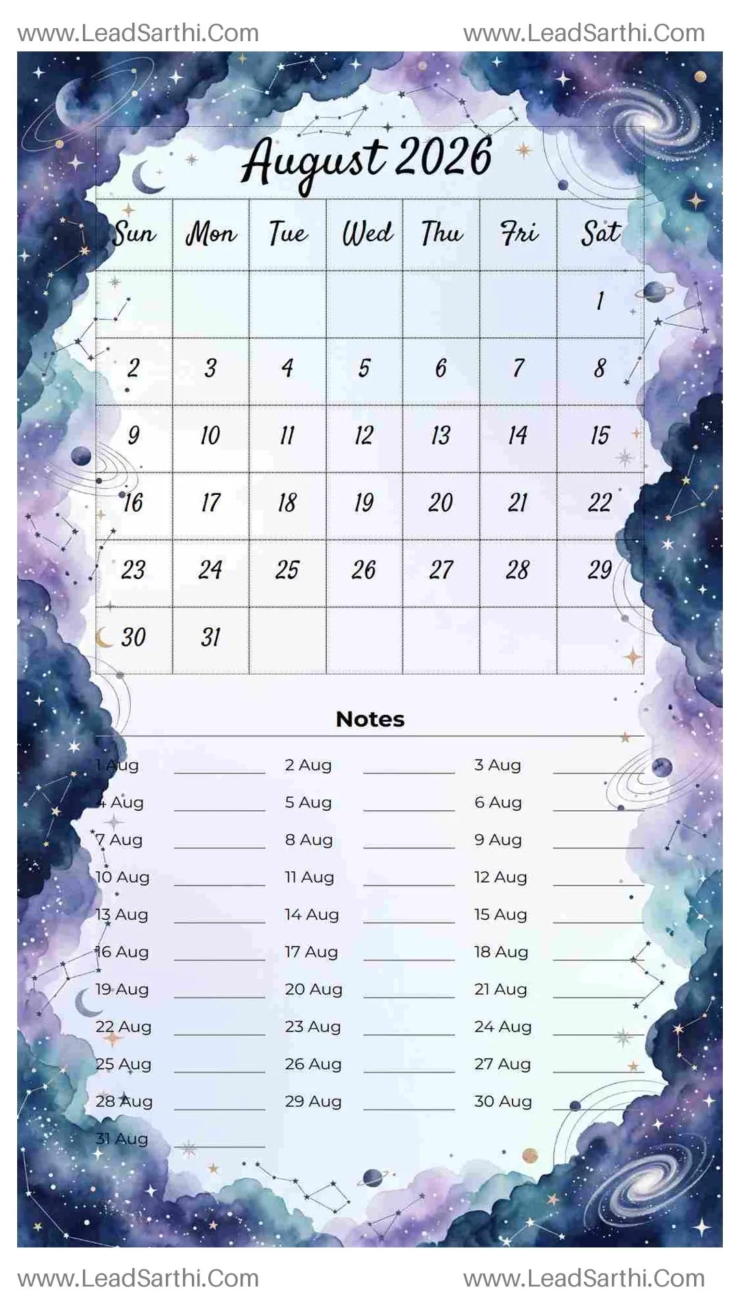 Printable August 2026 Calendar Template 22 Galaxy Theme 201 Thumbnail
