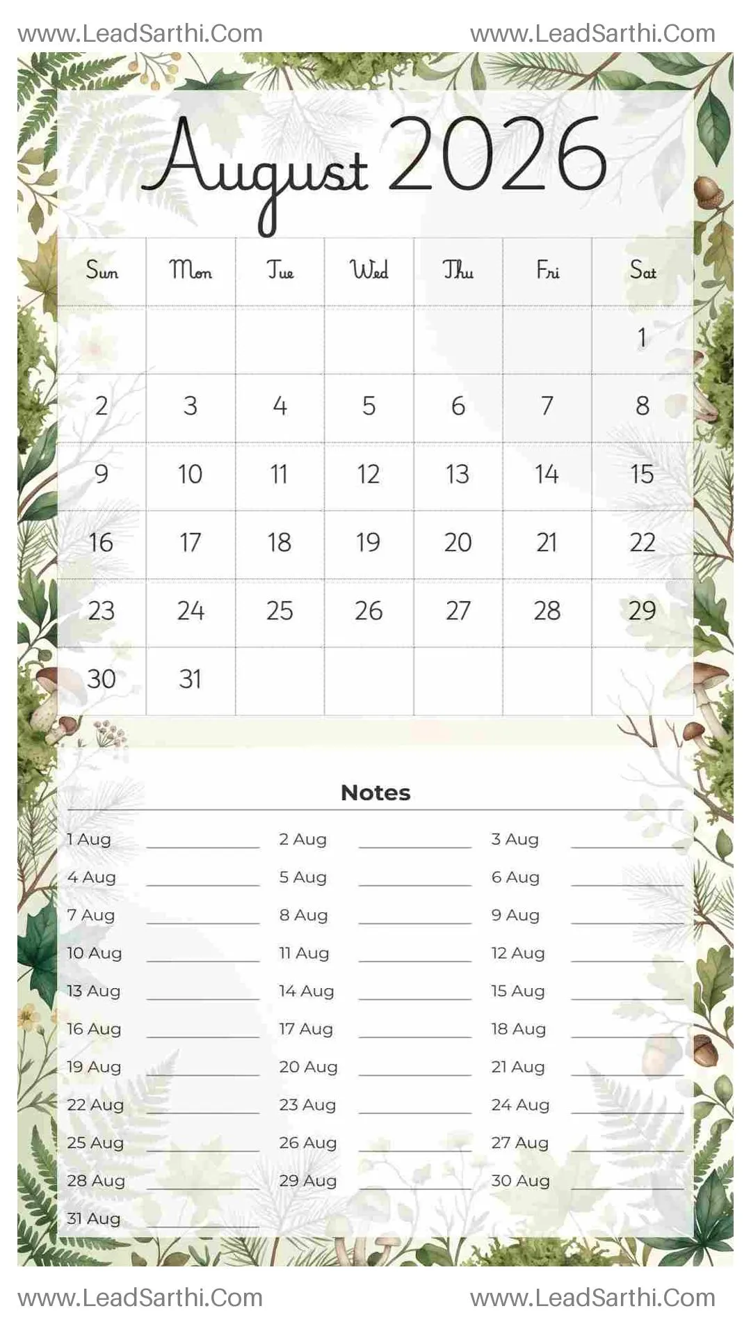 Printable August 2026 Calendar Template 18 Forest Theme 221 Thumbnail